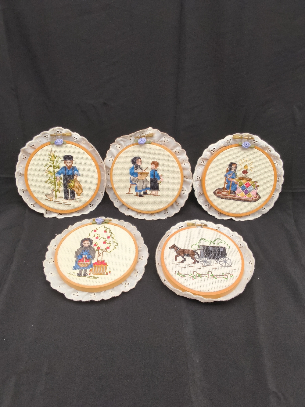 5 Vintage Amish Country Cross Stitch Framed Hoop Wall Art - Douglas Designs